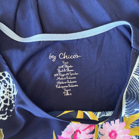 Chicos Tunic Top Large 2 Navy Pink Garden Party Stretch Soft Flowy Casual Granny - Picture 9 of 9
